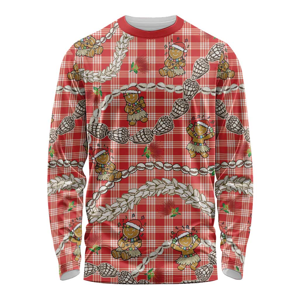 Red Palaka Hawaii Mele Kalikimaka Long Sleeve Shirt Ohia Lehua Shell Leis Funny Gingerbread Santa LT14 Unisex Red - Polynesian Pride