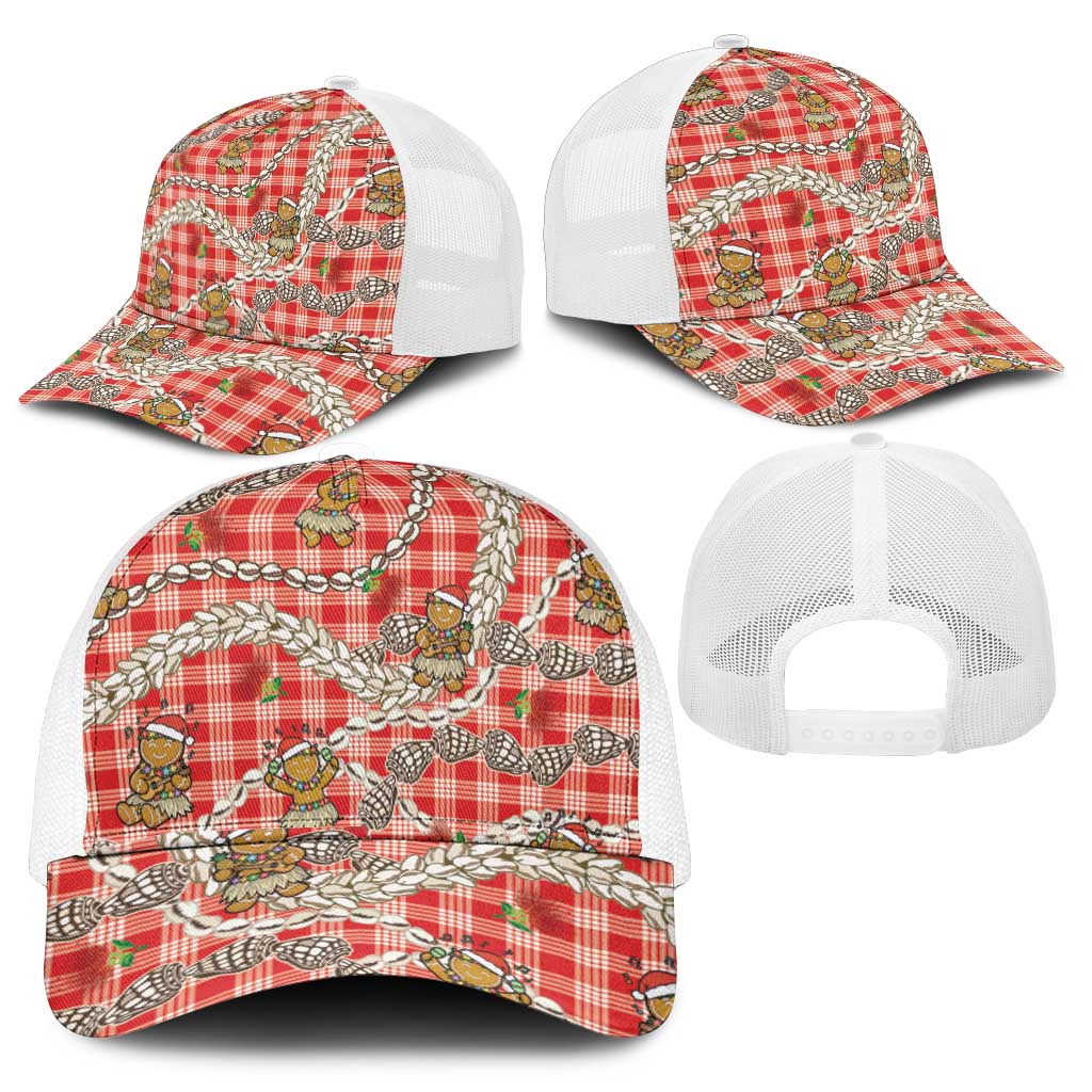 Red Palaka Hawaii Mele Kalikimaka Mesh Trucker Cap Ohia Lehua Shell Leis Funny Gingerbread Santa - Polynesian Pride