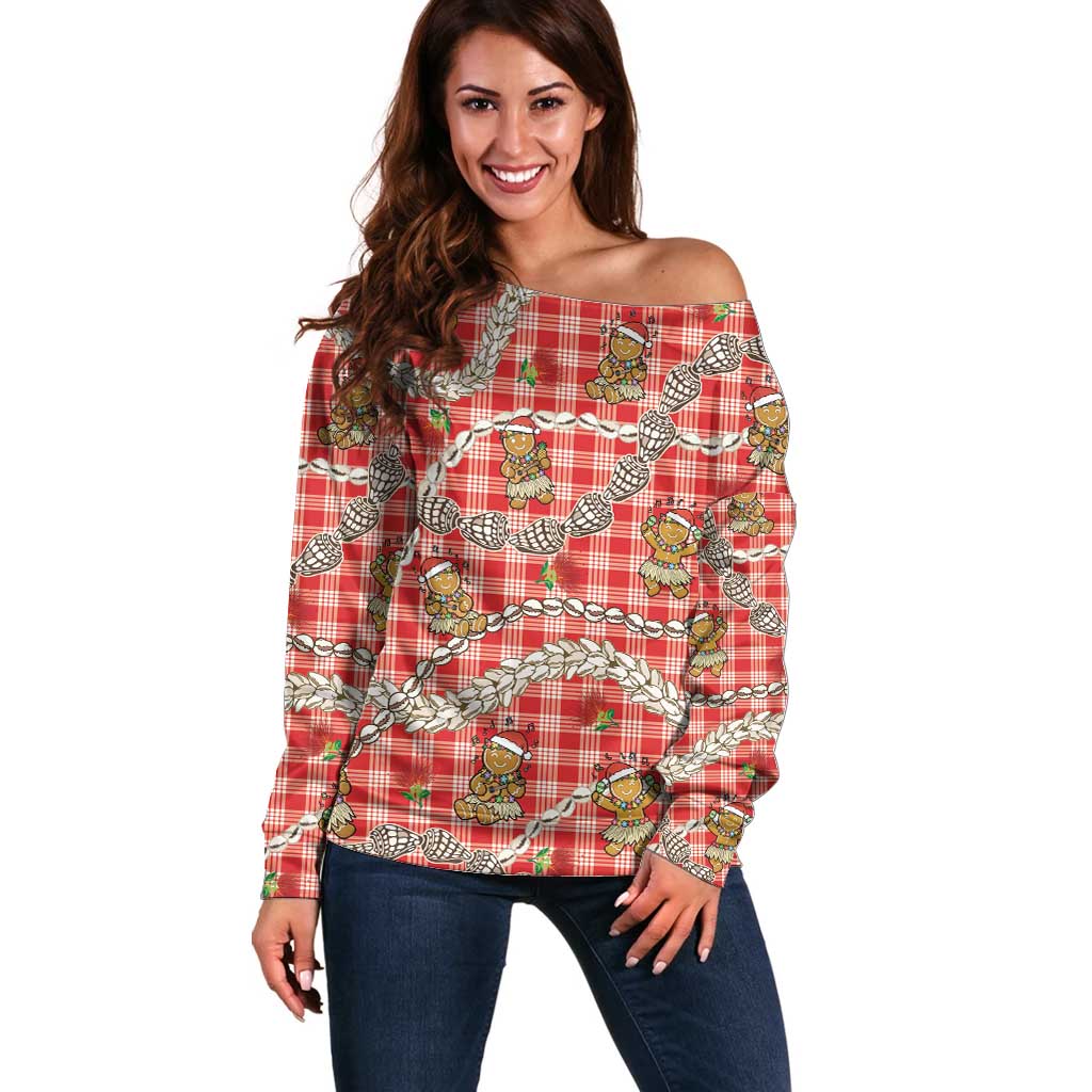 Red Palaka Hawaii Mele Kalikimaka Off Shoulder Sweater Ohia Lehua Shell Leis Funny Gingerbread Santa - Polynesian Pride
