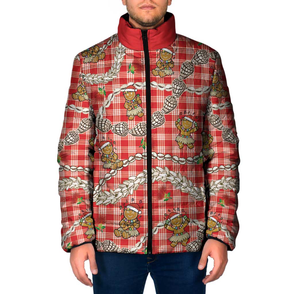 Red Palaka Hawaii Mele Kalikimaka Padded Jacket Ohia Lehua Shell Leis Funny Gingerbread Santa LT14 Men Red - Polynesian Pride