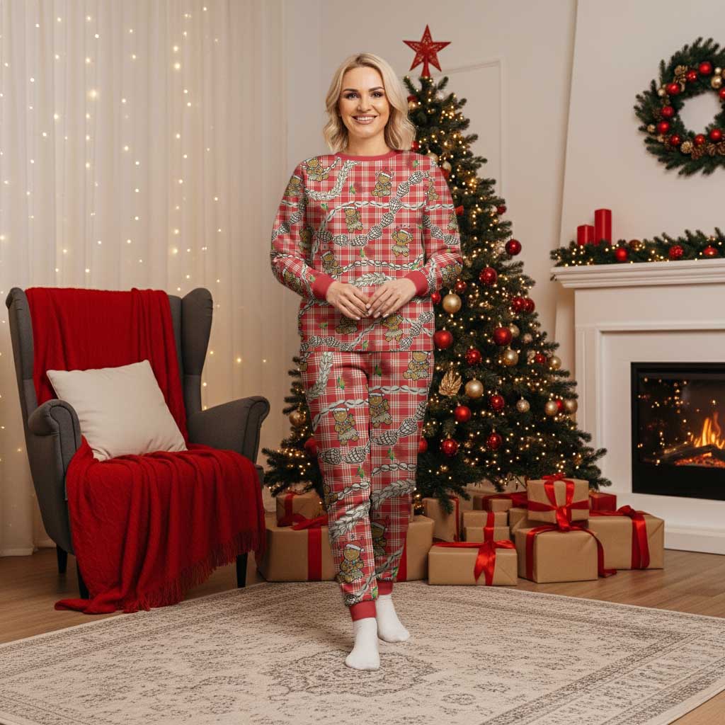 Red Palaka Hawaii Mele Kalikimaka Christmas Pajama Set Ohia Lehua Shell Leis Funny Gingerbread Santa LT14 Women Red - Polynesian Pride