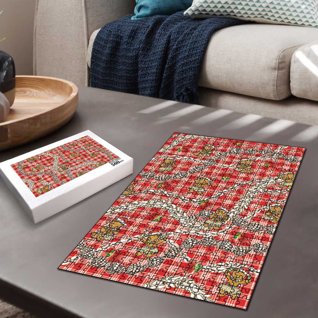 Red Palaka Hawaii Mele Kalikimaka Puzzle Ohia Lehua Shell Leis Funny Gingerbread Santa LT14 - Polynesian Pride