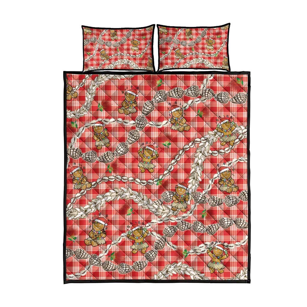 Red Palaka Hawaii Mele Kalikimaka Quilt Bed Set Ohia Lehua Shell Leis Funny Gingerbread Santa - Polynesian Pride
