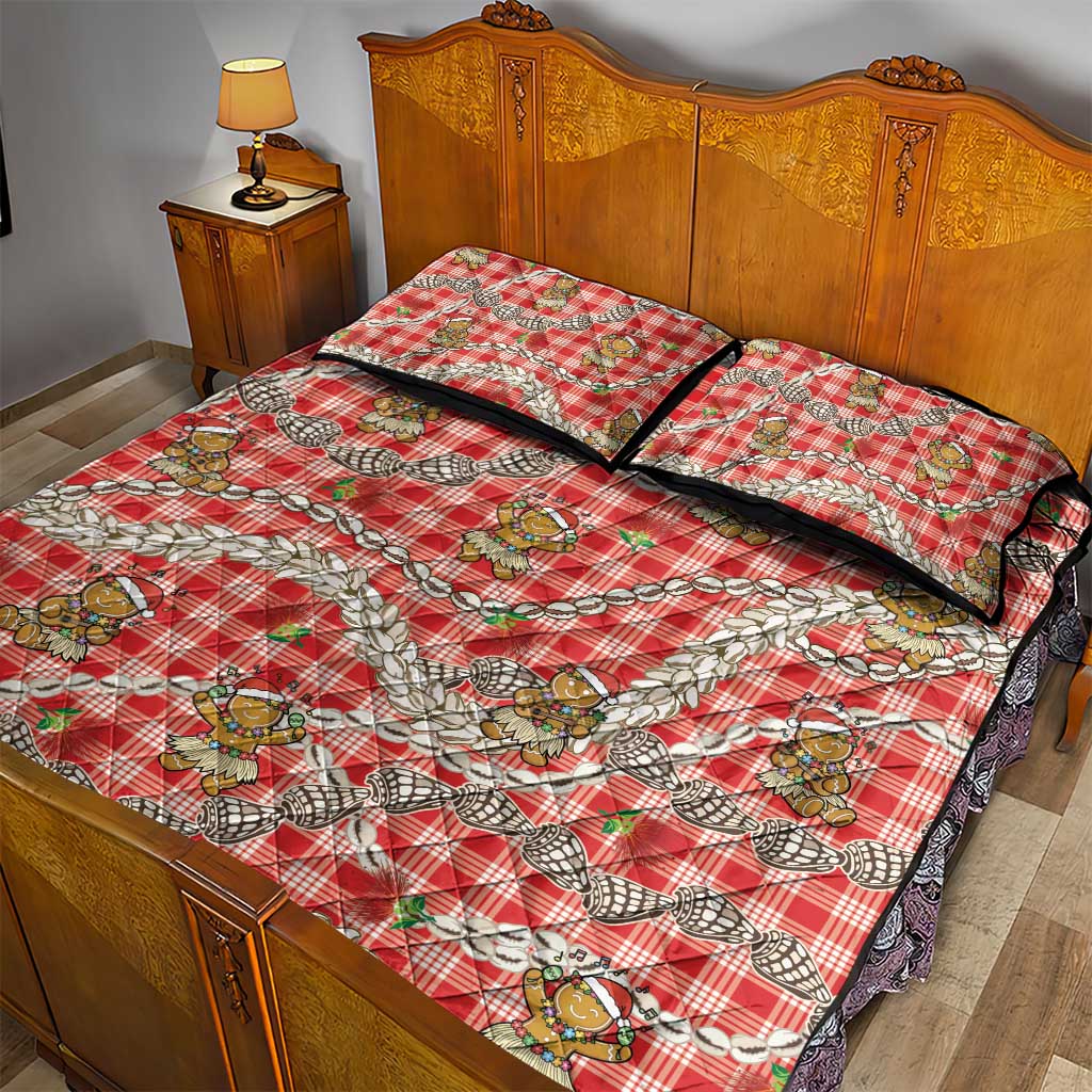 Red Palaka Hawaii Mele Kalikimaka Quilt Bed Set Ohia Lehua Shell Leis Funny Gingerbread Santa - Polynesian Pride