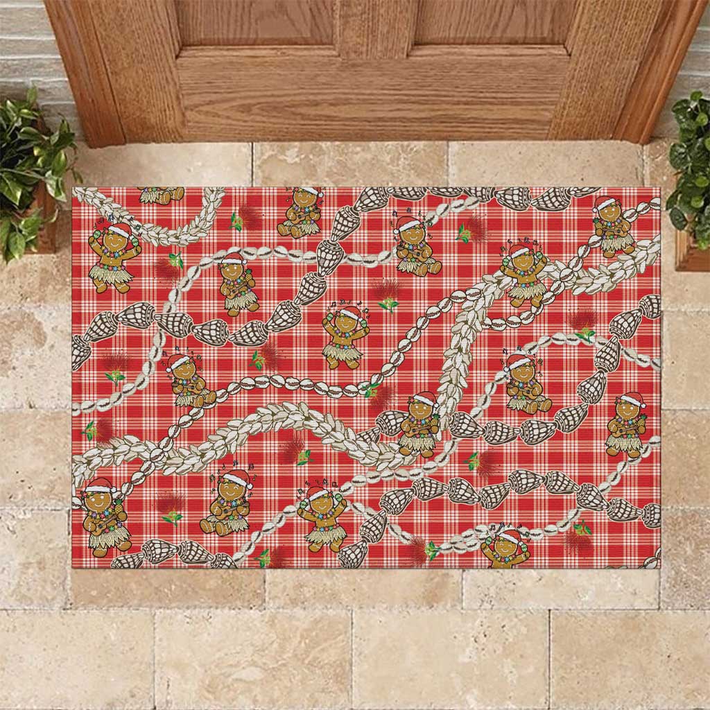 Red Palaka Hawaii Mele Kalikimaka Rubber Doormat Ohia Lehua Shell Leis Funny Gingerbread Santa LT14 Red - Polynesian Pride