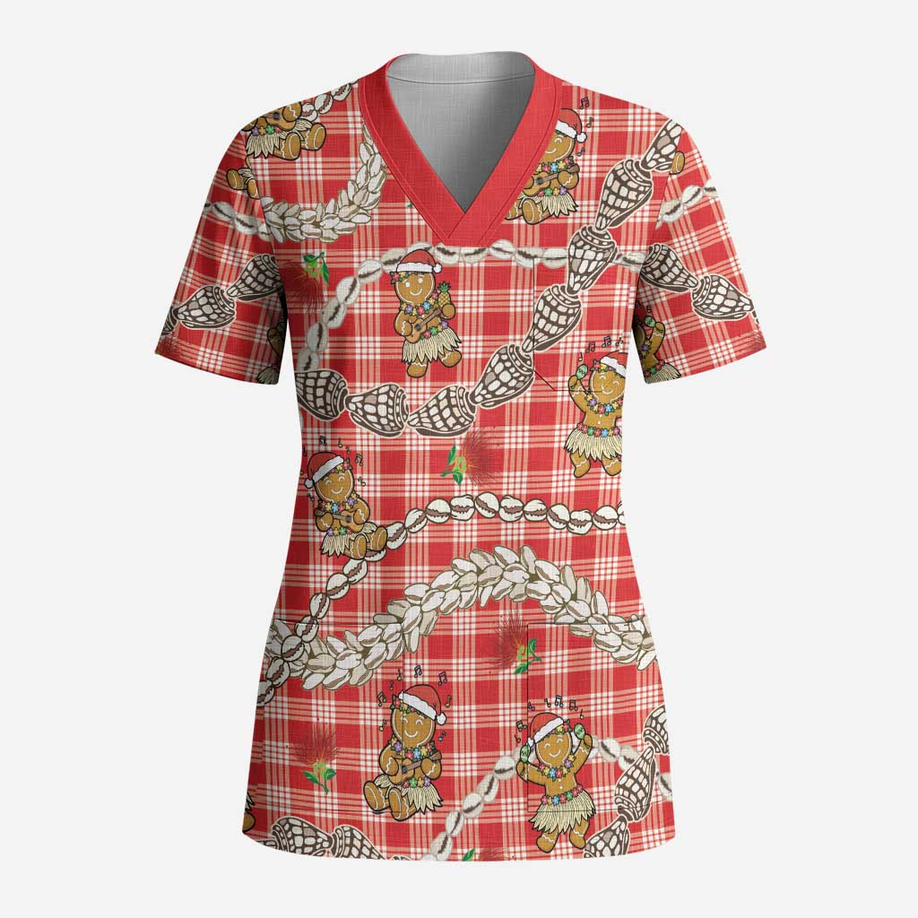 Red Palaka Hawaii Mele Kalikimaka Scrub Top Ohia Lehua Shell Leis Funny Gingerbread Santa LT14 Adult Red - Polynesian Pride