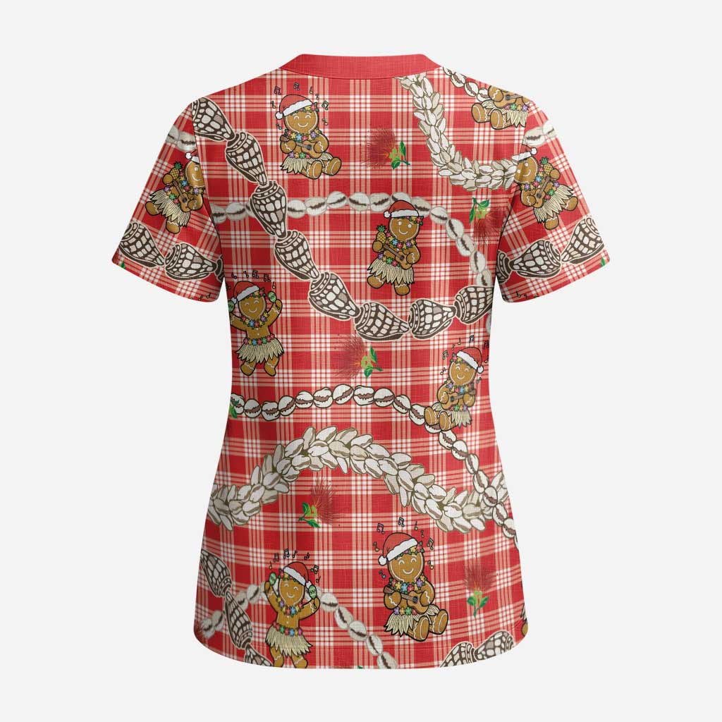 Red Palaka Hawaii Mele Kalikimaka Scrub Top Ohia Lehua Shell Leis Funny Gingerbread Santa LT14 - Polynesian Pride
