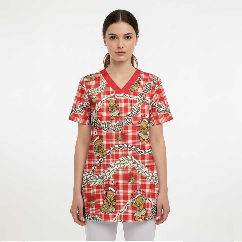 Red Palaka Hawaii Mele Kalikimaka Scrub Top Ohia Lehua Shell Leis Funny Gingerbread Santa LT14 - Polynesian Pride
