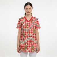 Red Palaka Hawaii Mele Kalikimaka Scrub Top Ohia Lehua Shell Leis Funny Gingerbread Santa LT14 - Polynesian Pride