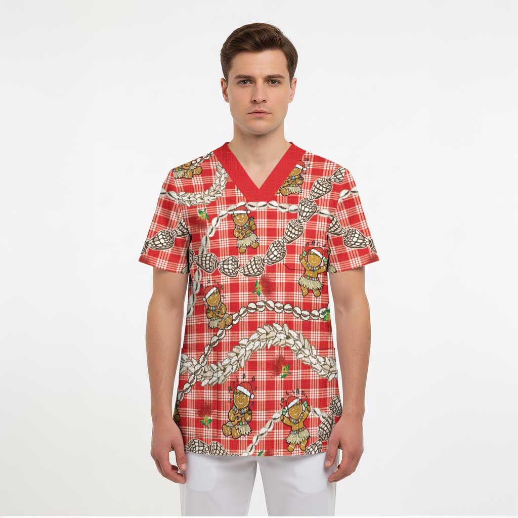 Red Palaka Hawaii Mele Kalikimaka Scrub Top Ohia Lehua Shell Leis Funny Gingerbread Santa LT14 - Polynesian Pride
