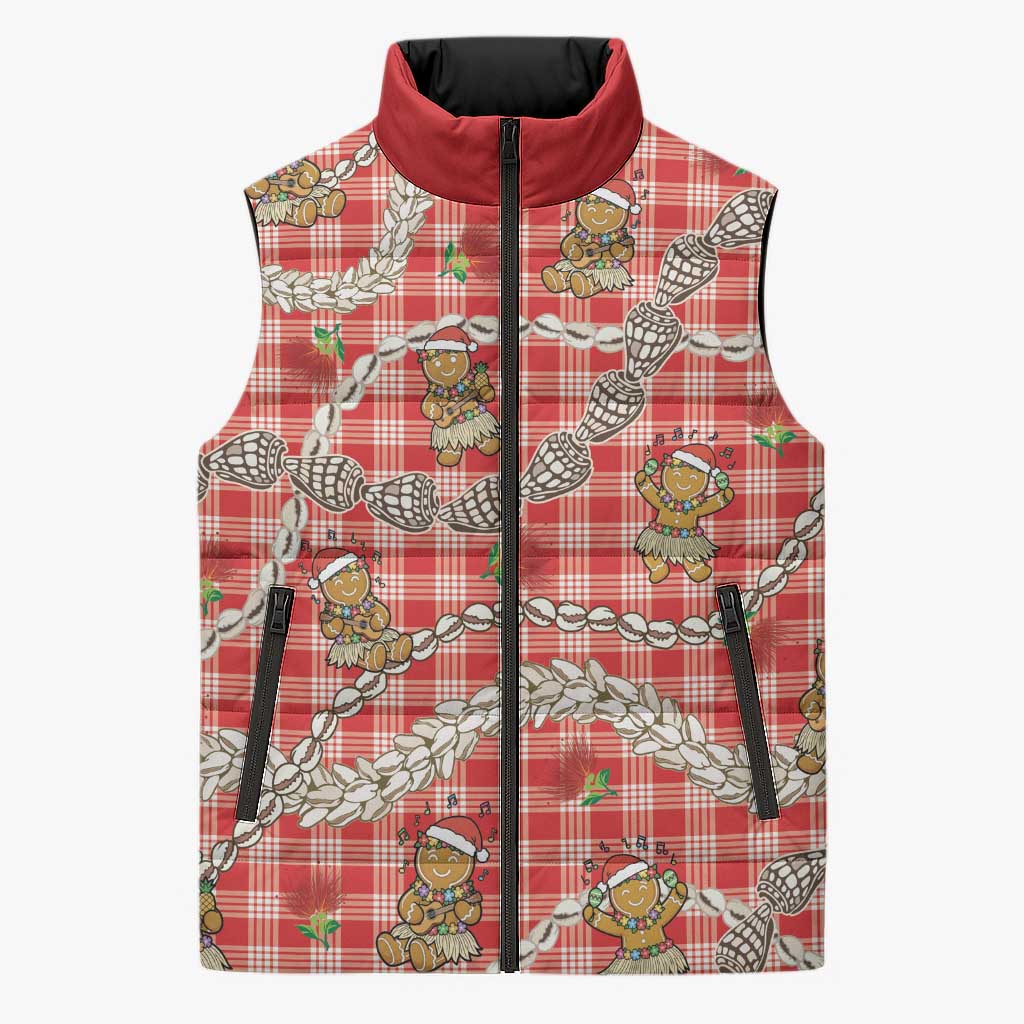 Red Palaka Hawaii Mele Kalikimaka Sleeveless Puffer Jacket Ohia Lehua Shell Leis Funny Gingerbread Santa LT14 Unisex Red - Polynesian Pride