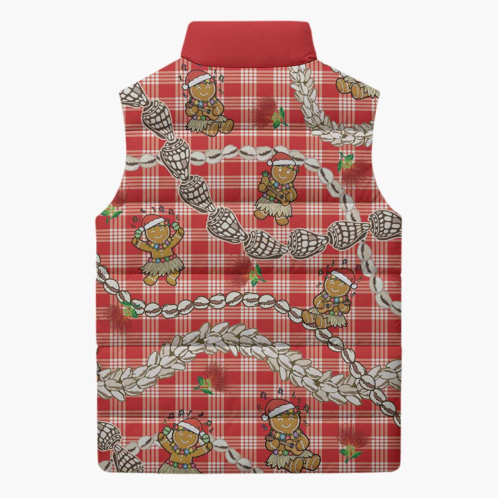Red Palaka Hawaii Mele Kalikimaka Sleeveless Puffer Jacket Ohia Lehua Shell Leis Funny Gingerbread Santa LT14 - Polynesian Pride