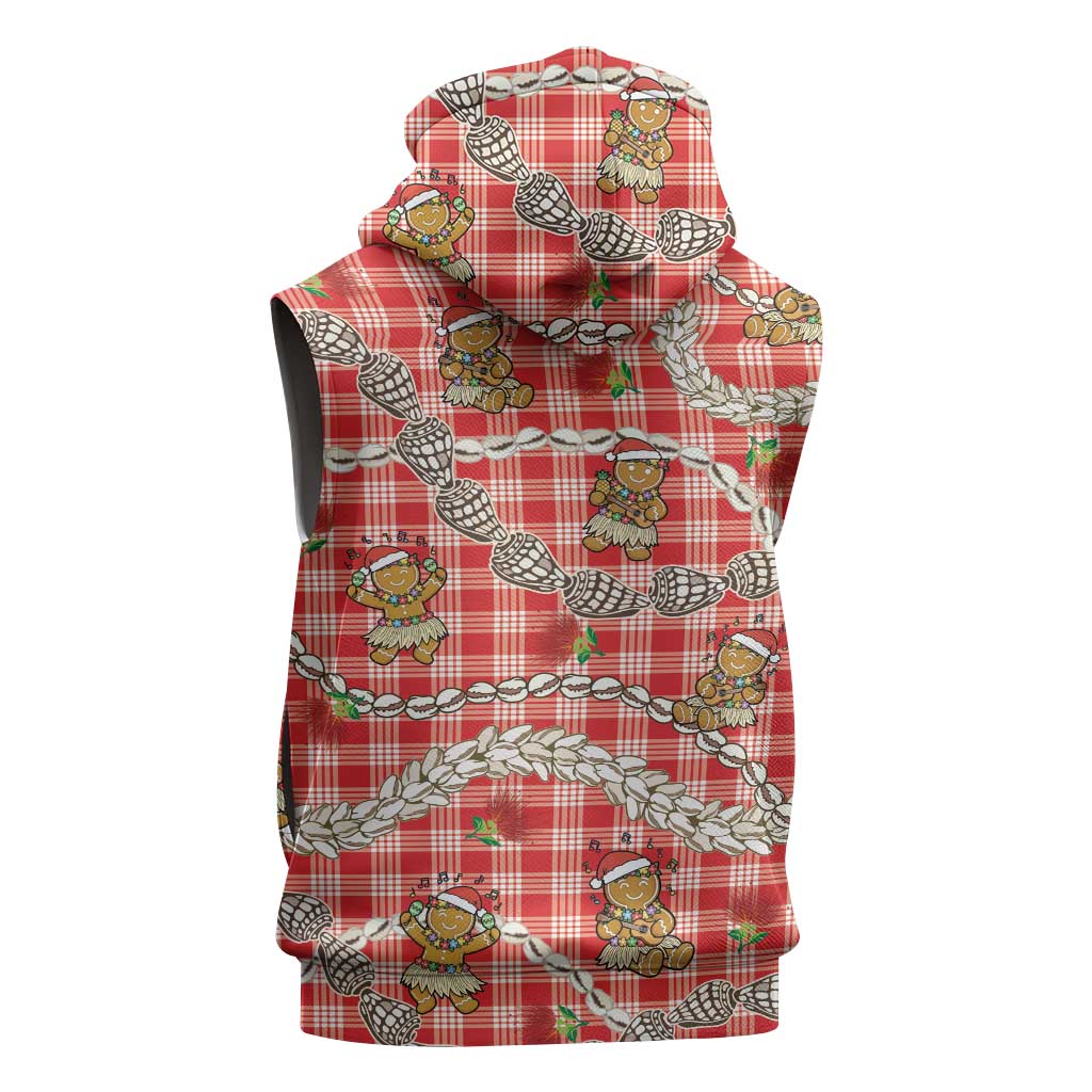 Red Palaka Hawaii Mele Kalikimaka Sleeveless Zip Hoodie Ohia Lehua Shell Leis Funny Gingerbread Santa - Polynesian Pride