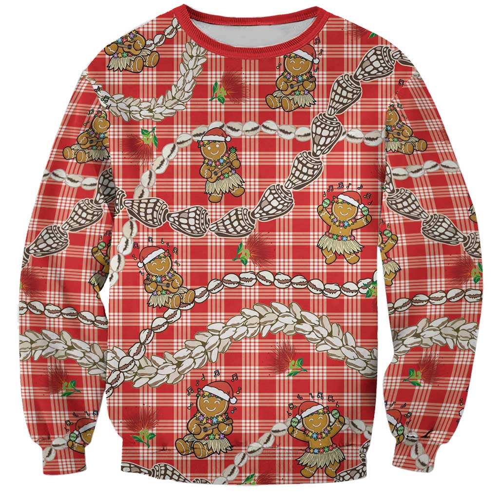 Red Palaka Hawaii Mele Kalikimaka Sweatshirt Ohia Lehua Shell Leis Funny Gingerbread Santa LT14 Unisex Red - Polynesian Pride