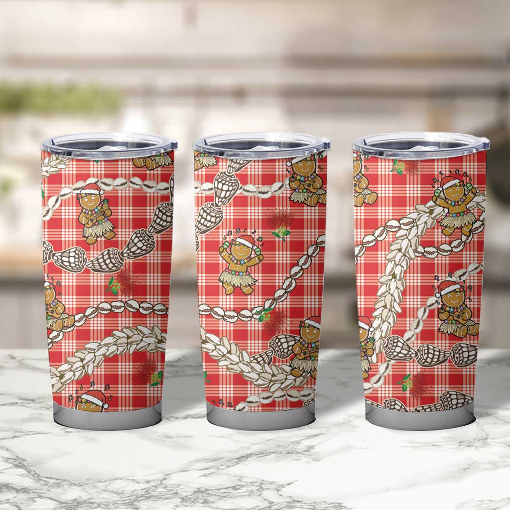 Red Palaka Hawaii Mele Kalikimaka Tumbler Cup Ohia Lehua Shell Leis Funny Gingerbread Santa - Polynesian Pride