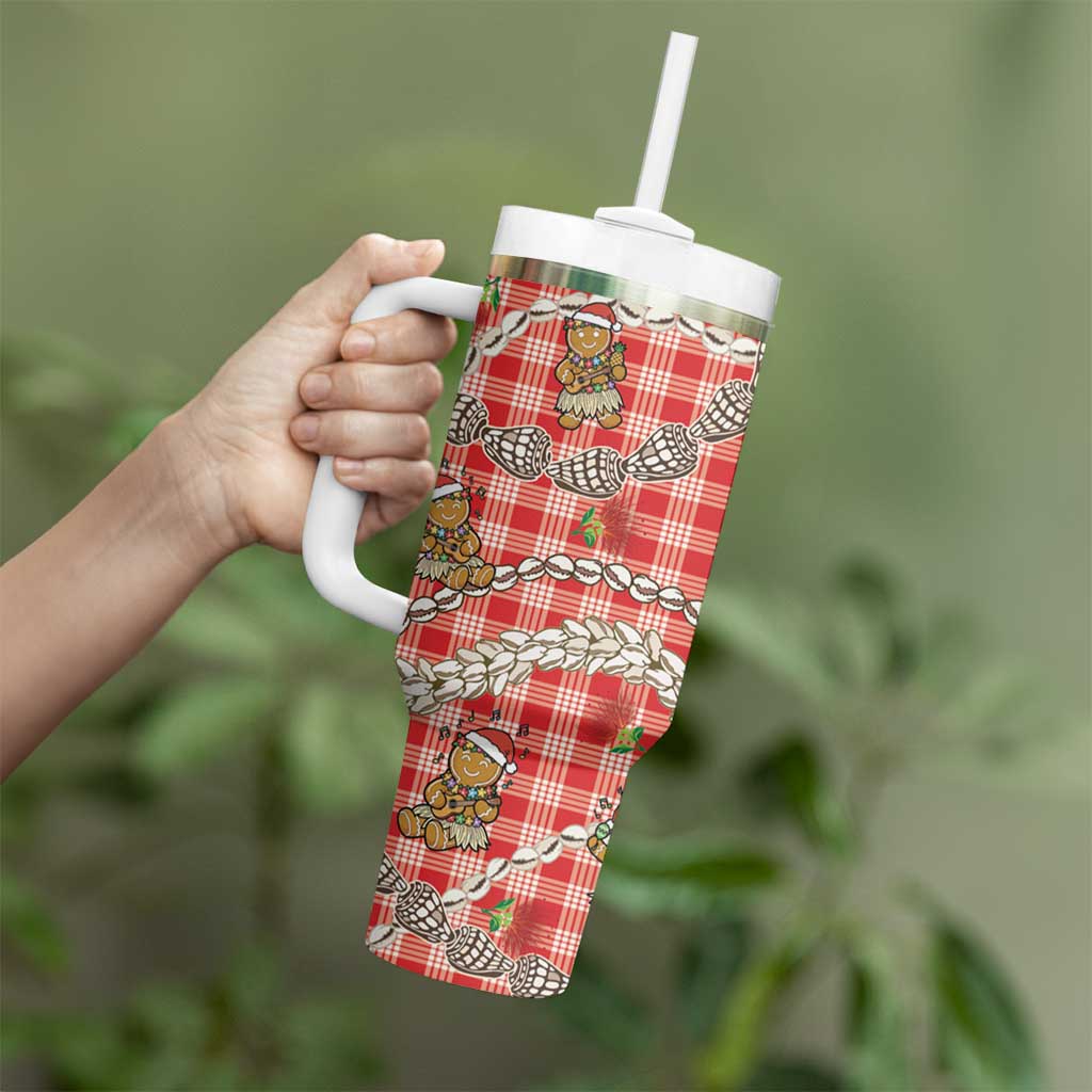 Red Palaka Hawaii Mele Kalikimaka Tumbler With Handle Ohia Lehua Shell Leis Funny Gingerbread Santa - Polynesian Pride