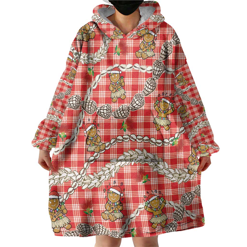 Red Palaka Hawaii Mele Kalikimaka Wearable Blanket Hoodie Ohia Lehua Shell Leis Funny Gingerbread Santa - Polynesian Pride