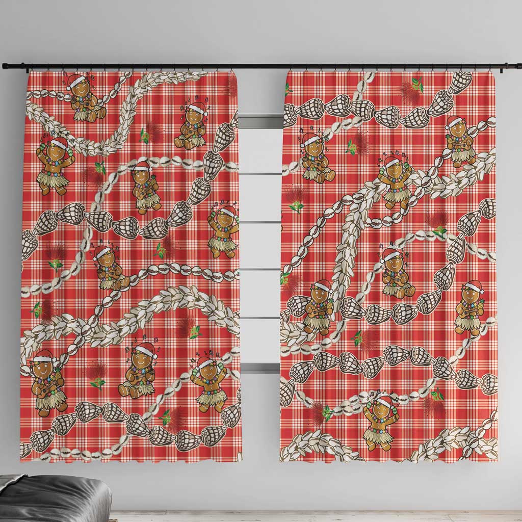 Red Palaka Hawaii Mele Kalikimaka Window Curtain Ohia Lehua Shell Leis Funny Gingerbread Santa - Polynesian Pride