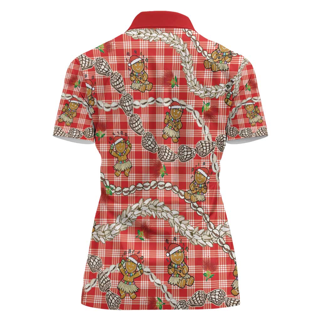 Red Palaka Hawaii Mele Kalikimaka Women Polo Shirt Ohia Lehua Shell Leis Funny Gingerbread Santa - Polynesian Pride