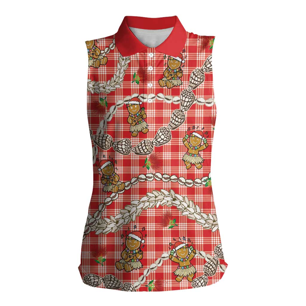 Red Palaka Hawaii Mele Kalikimaka Women Sleeveless Polo Shirt Ohia Lehua Shell Leis Funny Gingerbread Santa - Polynesian Pride