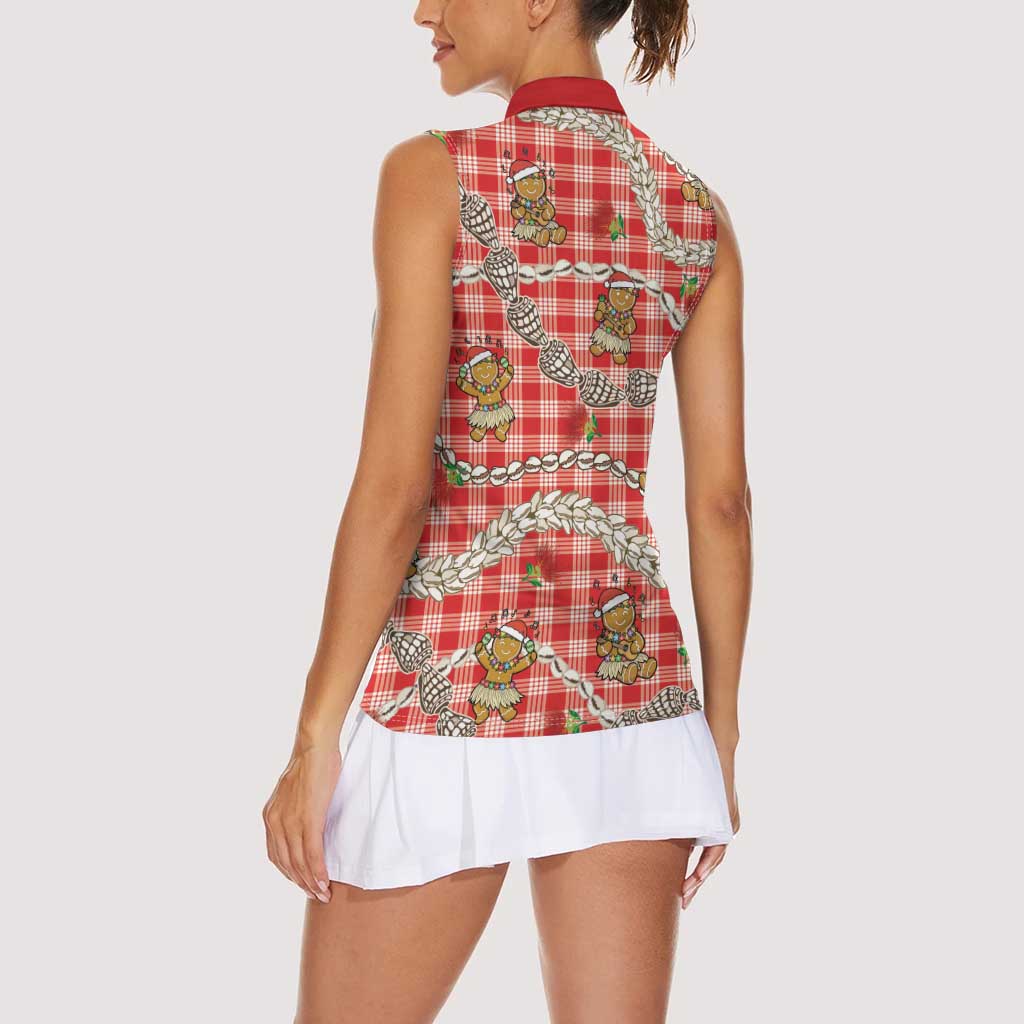 Red Palaka Hawaii Mele Kalikimaka Women Sleeveless Polo Shirt Ohia Lehua Shell Leis Funny Gingerbread Santa - Polynesian Pride