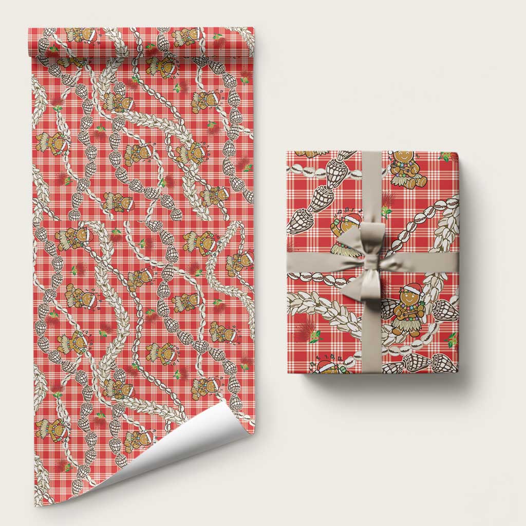 Red Palaka Hawaii Mele Kalikimaka Wrapping Paper Ohia Lehua Shell Leis Funny Gingerbread Santa LT14 58" × 23" Red - Polynesian Pride