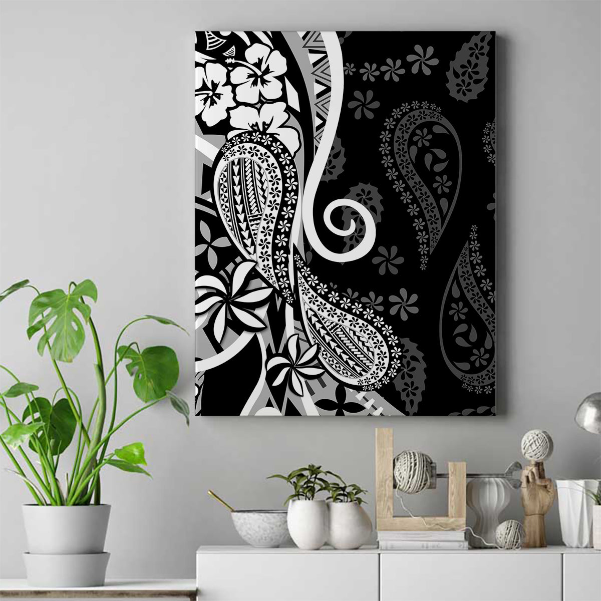 Black Polynesia Paisley Canvas Wall Art Polynesian With Tropical Flowers LT14 Black - Polynesian Pride