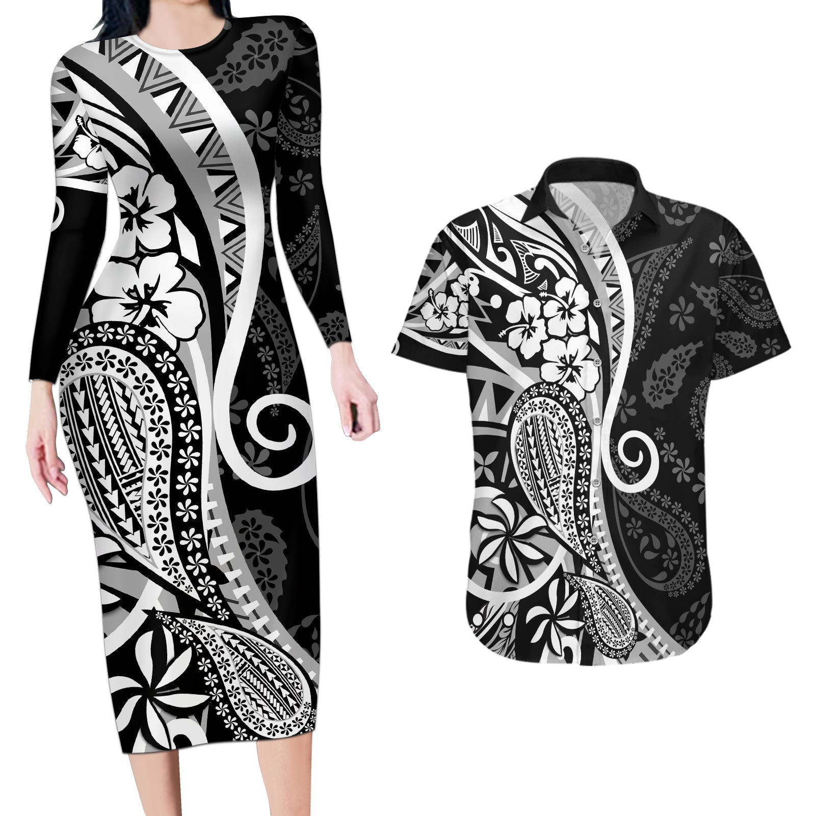 Black Polynesia Paisley Couples Matching Long Sleeve Bodycon Dress and Hawaiian Shirt Polynesian With Tropical Flowers LT14 Black - Polynesian Pride