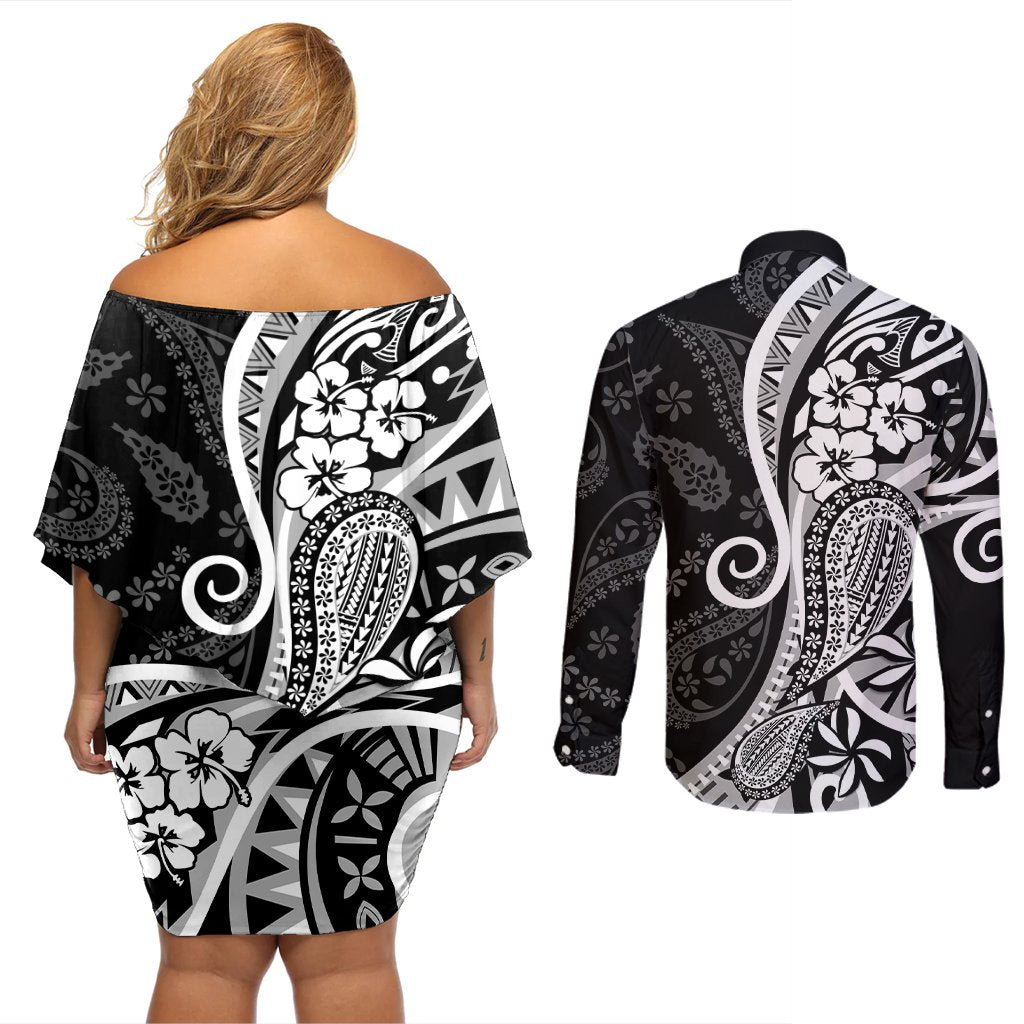 Black Polynesia Paisley Couples Matching Off Shoulder Short Dress and Long Sleeve Button Shirt Polynesian With Tropical Flowers LT14 - Polynesian Pride