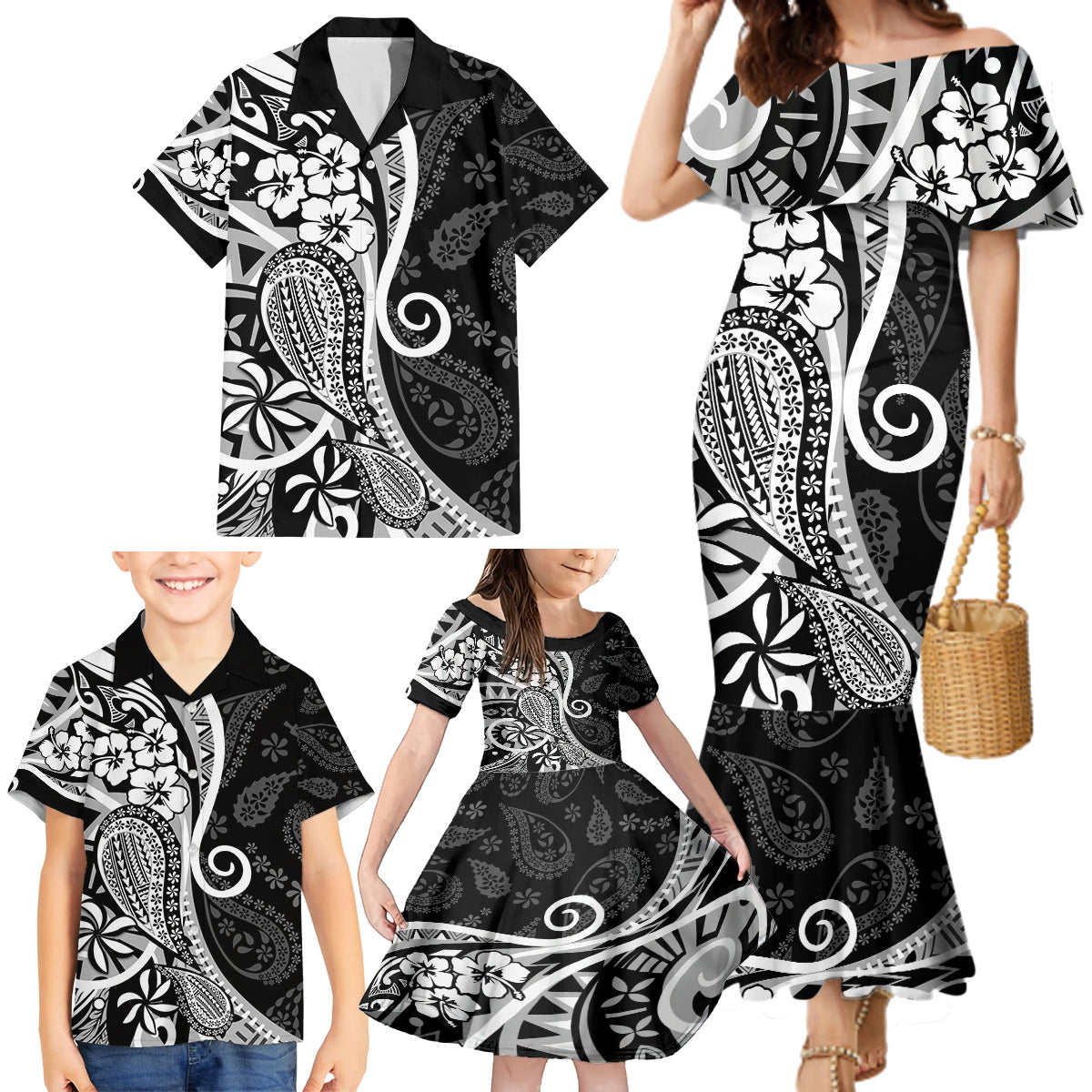 Black Polynesia Paisley Family Matching Mermaid Dress and Hawaiian Shirt Polynesian With Tropical Flowers LT14 - Polynesian Pride