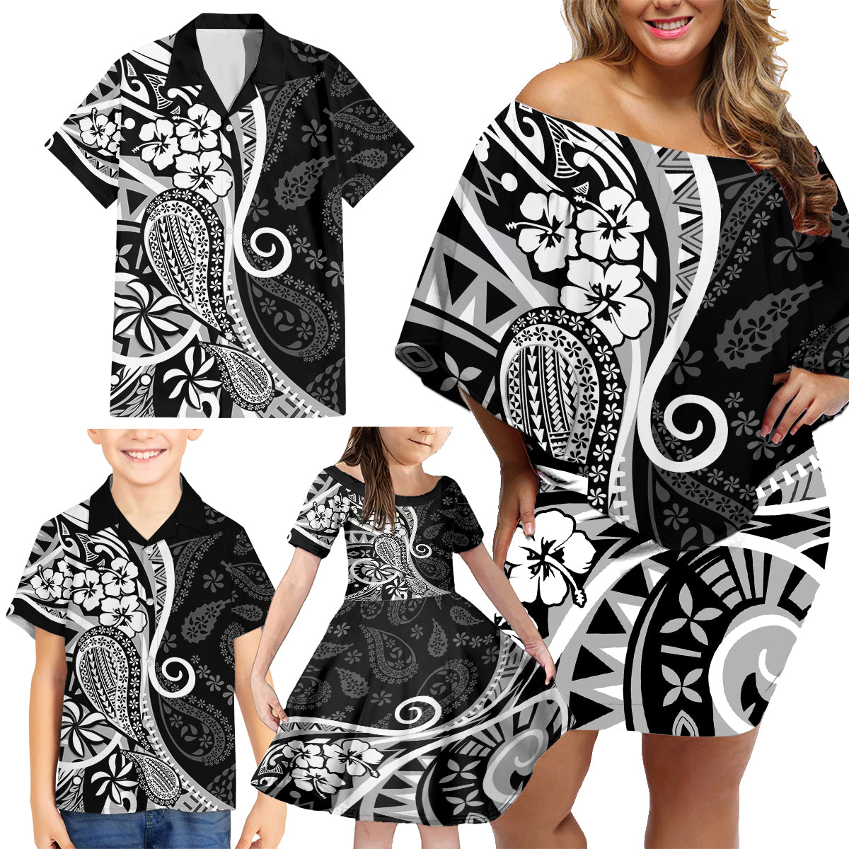 Black Polynesia Paisley Family Matching Off Shoulder Short Dress and Hawaiian Shirt Polynesian With Tropical Flowers LT14 - Polynesian Pride