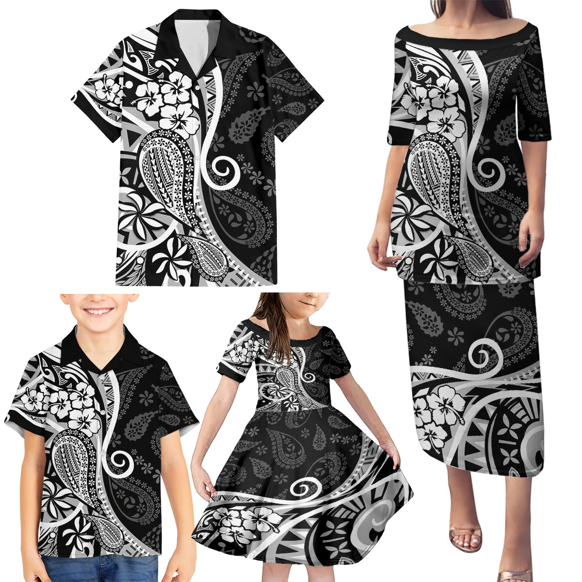 Black Polynesia Paisley Family Matching Puletasi Dress and Hawaiian Shirt Polynesian With Tropical Flowers LT14 - Polynesian Pride