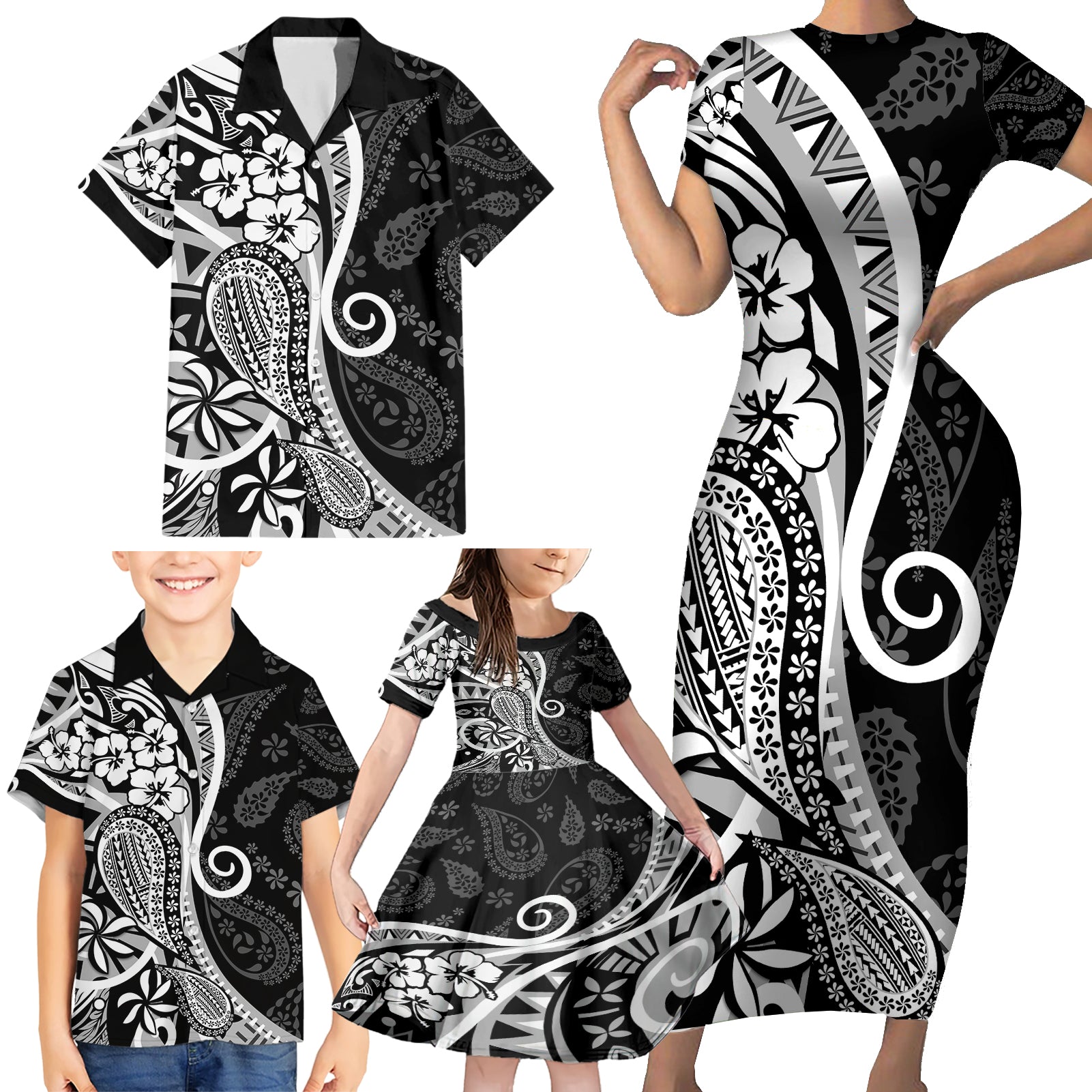 Black Polynesia Paisley Family Matching Short Sleeve Bodycon Dress and Hawaiian Shirt Polynesian With Tropical Flowers LT14 - Polynesian Pride