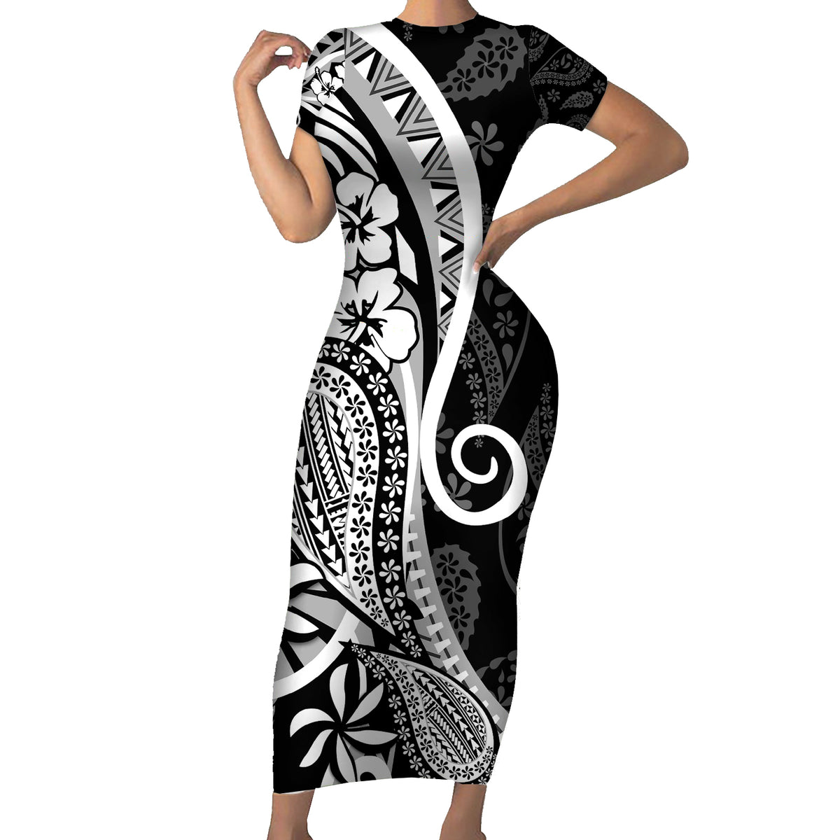 Black Polynesia Paisley Family Matching Short Sleeve Bodycon Dress and Hawaiian Shirt Polynesian With Tropical Flowers LT14 Mom's Dress Black - Polynesian Pride