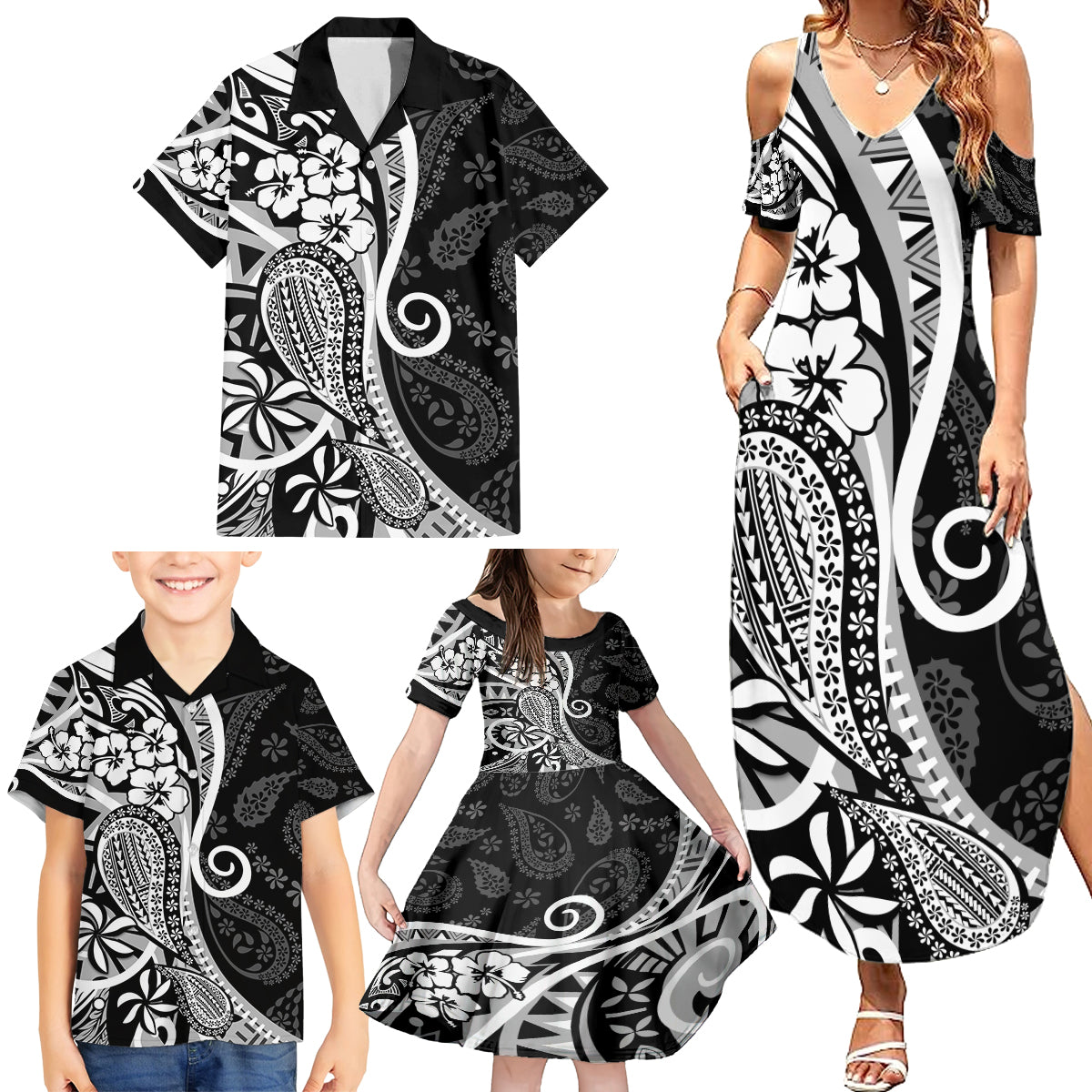 Black Polynesia Paisley Family Matching Summer Maxi Dress and Hawaiian Shirt Polynesian With Tropical Flowers LT14 - Polynesian Pride