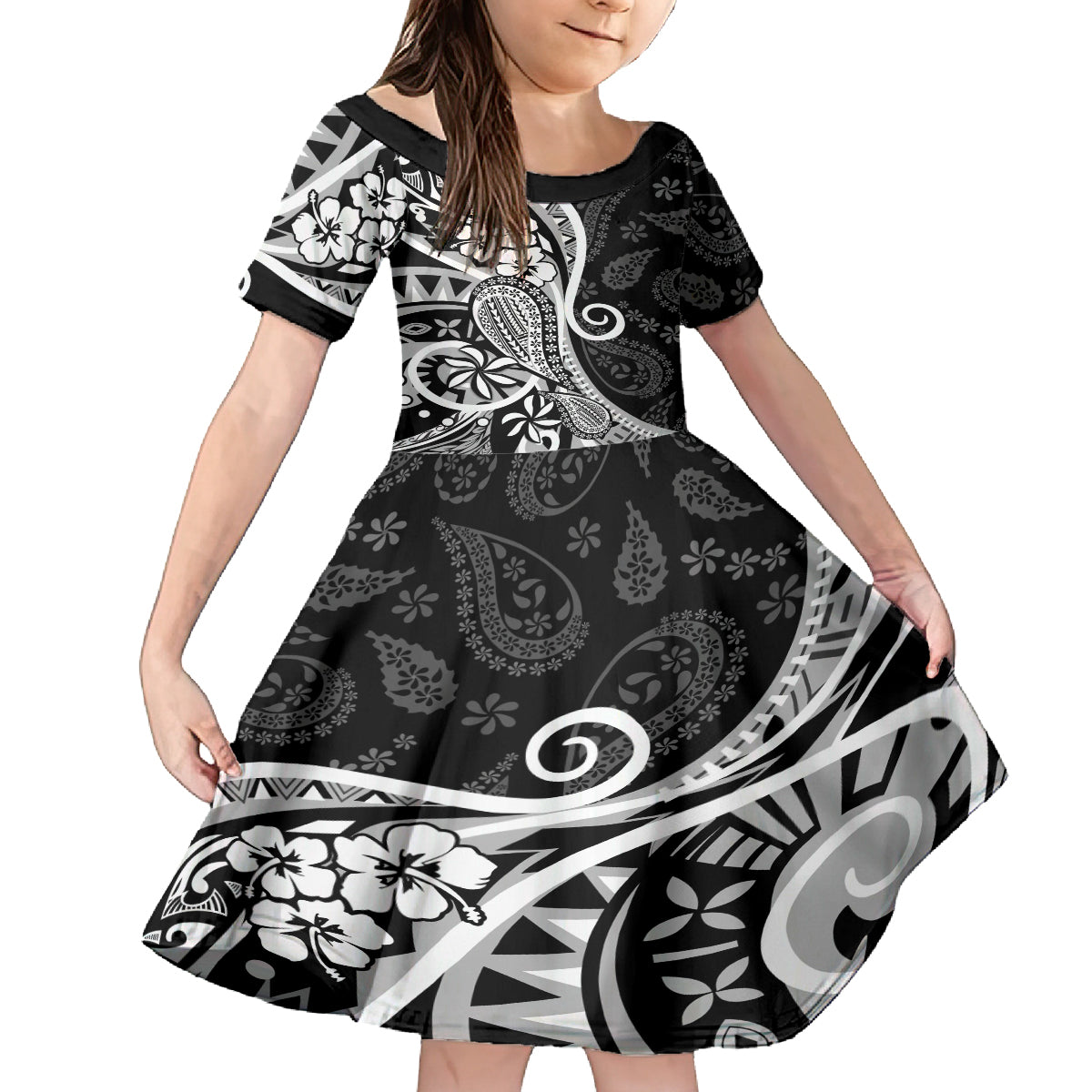 Black Polynesia Paisley Family Matching Tank Maxi Dress and Hawaiian Shirt Polynesian With Tropical Flowers LT14 Daughter's Dress Black - Polynesian Pride