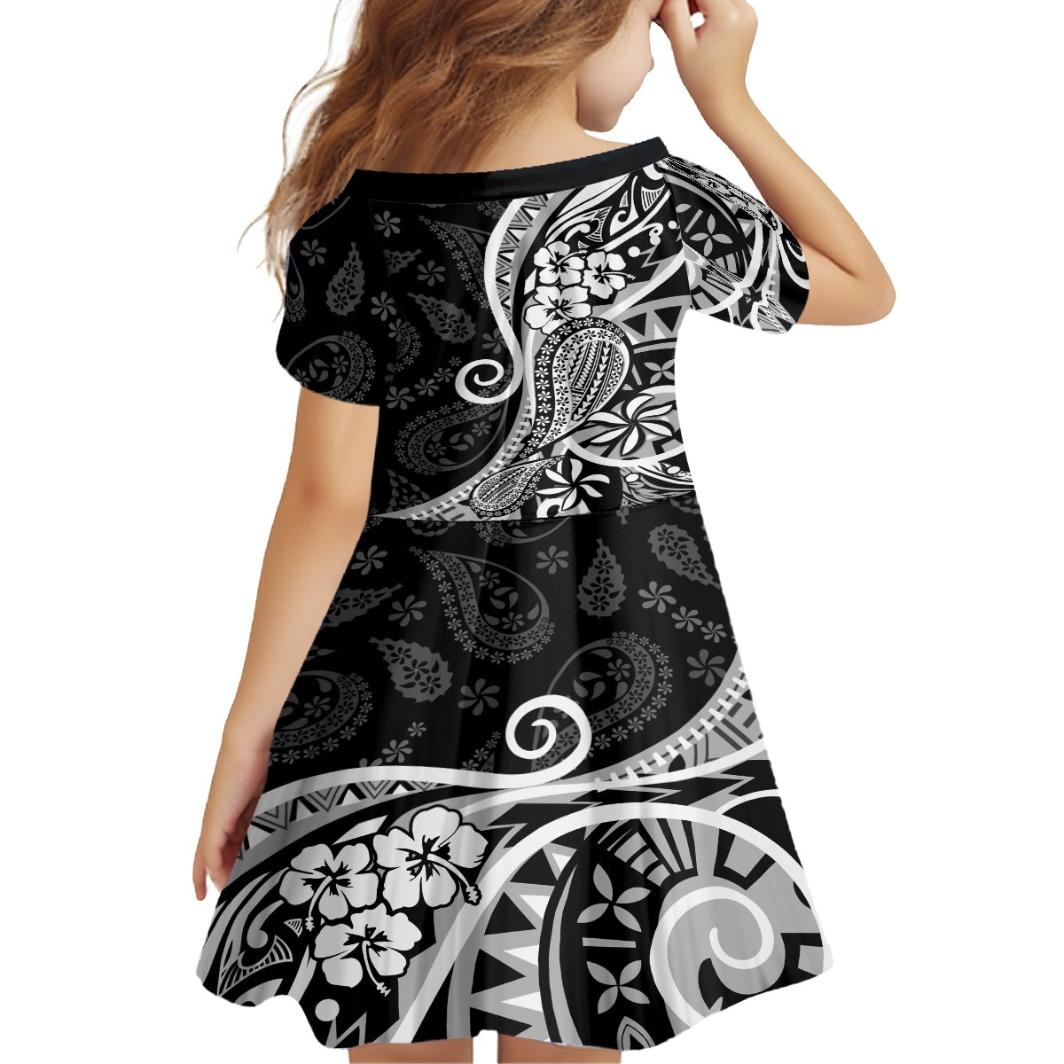 Black Polynesia Paisley Kid Short Sleeve Dress Polynesian With Tropical Flowers LT14 - Polynesian Pride