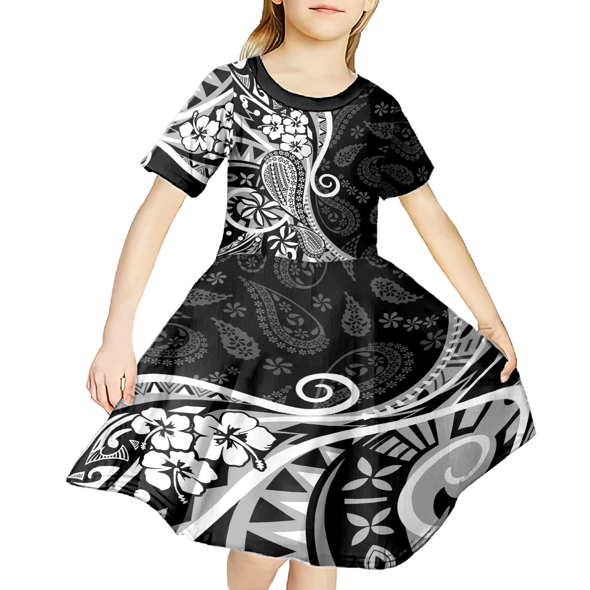 Black Polynesia Paisley Kid Short Sleeve Dress Polynesian With Tropical Flowers LT14 - Polynesian Pride