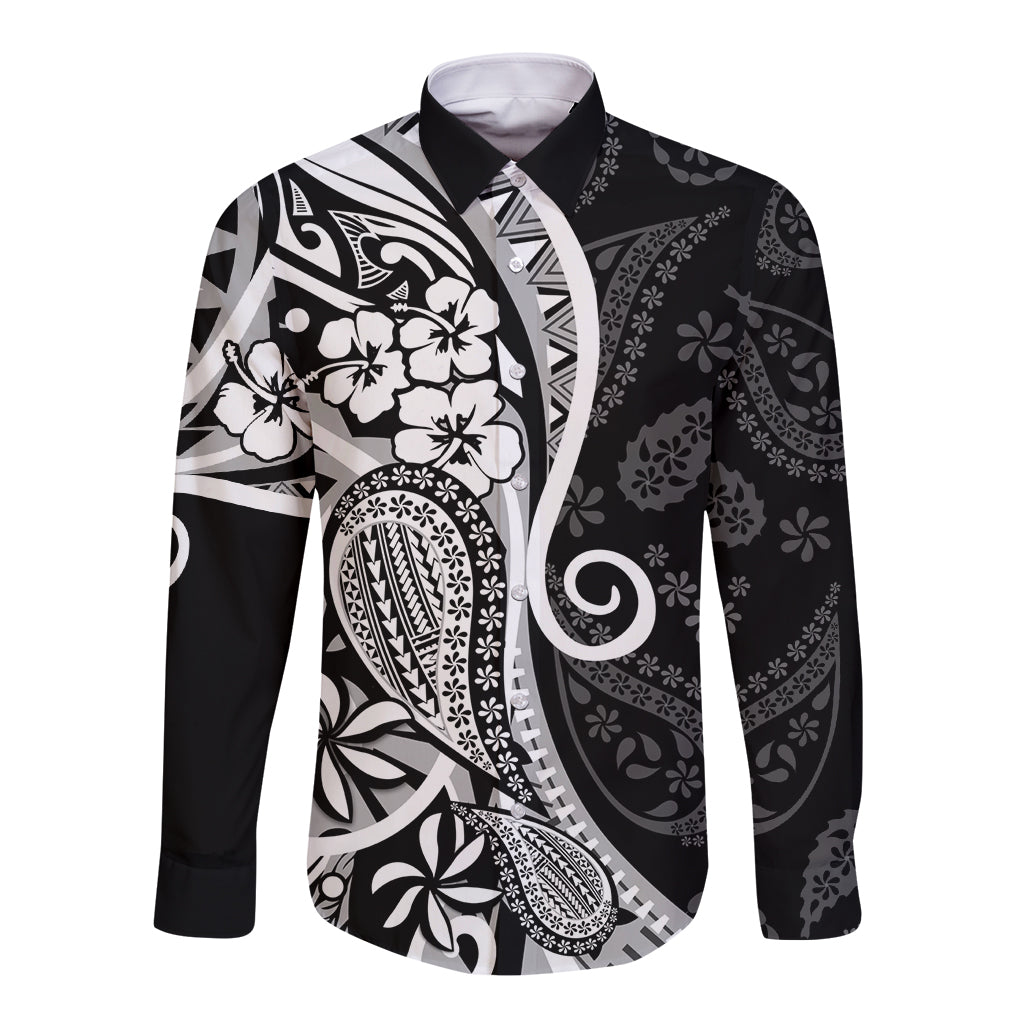 Black Polynesia Paisley Long Sleeve Button Shirt Polynesian With Tropical Flowers LT14 Unisex Black - Polynesian Pride