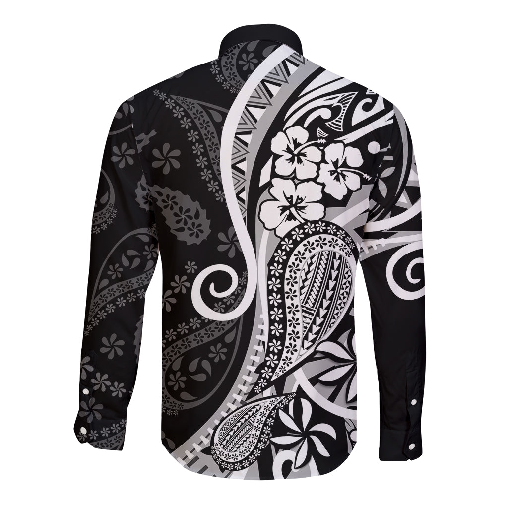 Black Polynesia Paisley Long Sleeve Button Shirt Polynesian With Tropical Flowers LT14 - Polynesian Pride