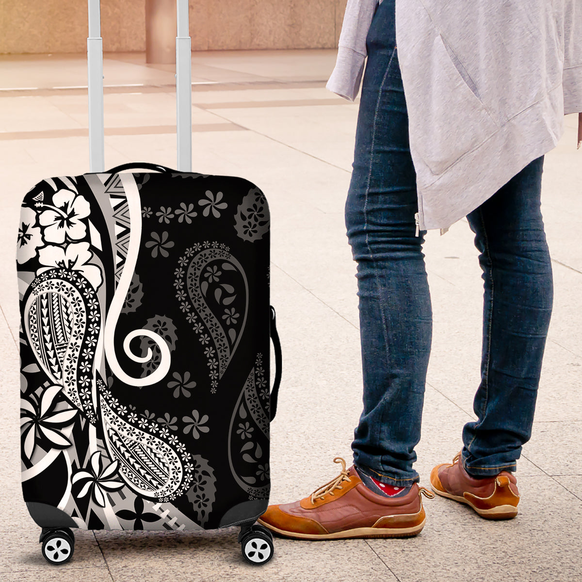 Black Polynesia Paisley Luggage Cover Polynesian With Tropical Flowers LT14 Black - Polynesian Pride