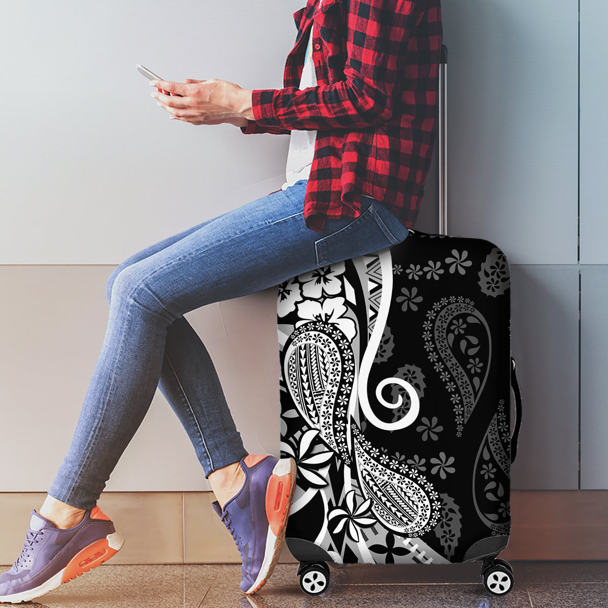 Black Polynesia Paisley Luggage Cover Polynesian With Tropical Flowers LT14 - Polynesian Pride