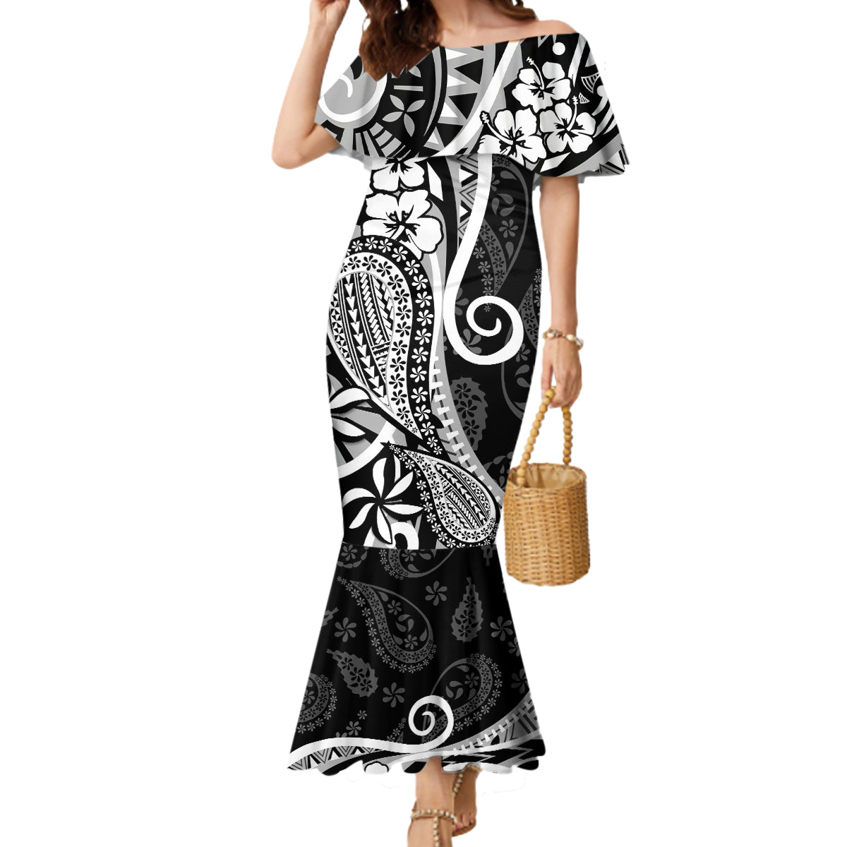 Black Polynesia Paisley Mermaid Dress Polynesian With Tropical Flowers LT14 Women Black - Polynesian Pride