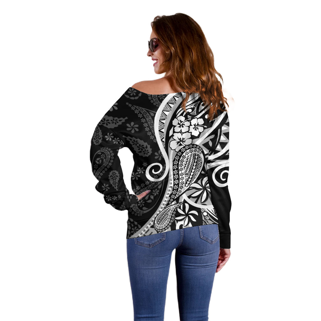 Black Polynesia Paisley Off Shoulder Sweater Polynesian With Tropical Flowers LT14 - Polynesian Pride