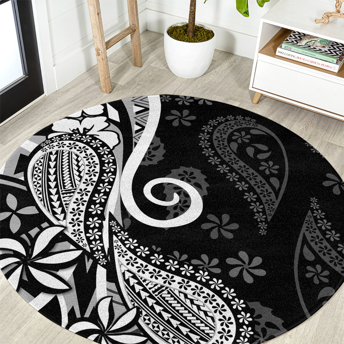 Black Polynesia Paisley Round Carpet Polynesian With Tropical Flowers LT14 Black - Polynesian Pride