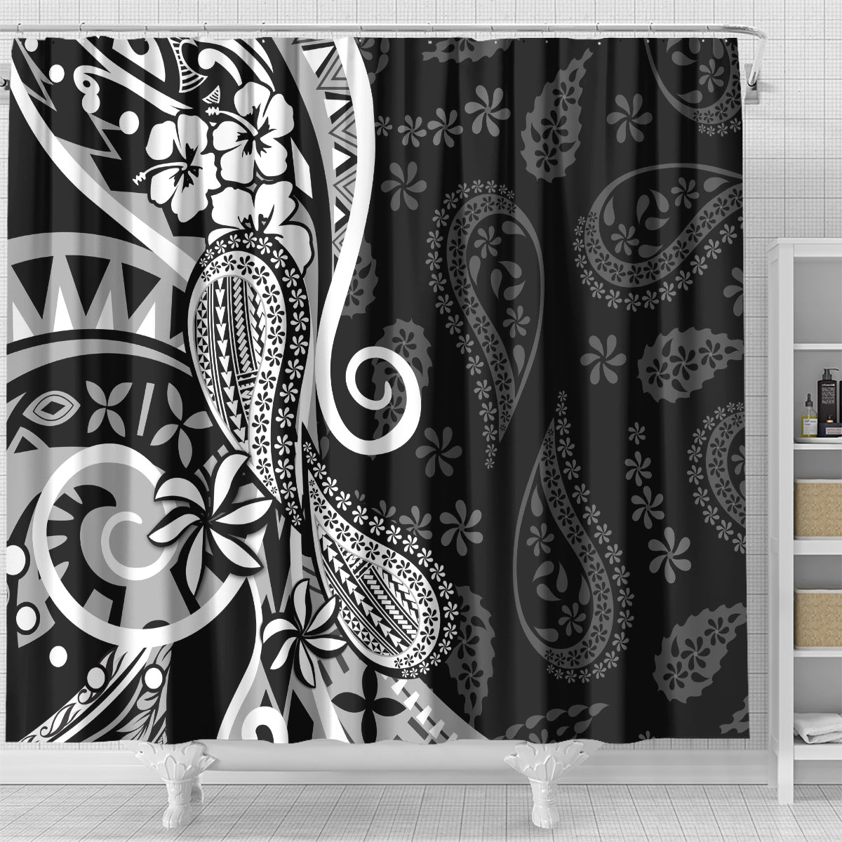 Black Polynesia Paisley Shower Curtain Polynesian With Tropical Flowers LT14 - Polynesian Pride
