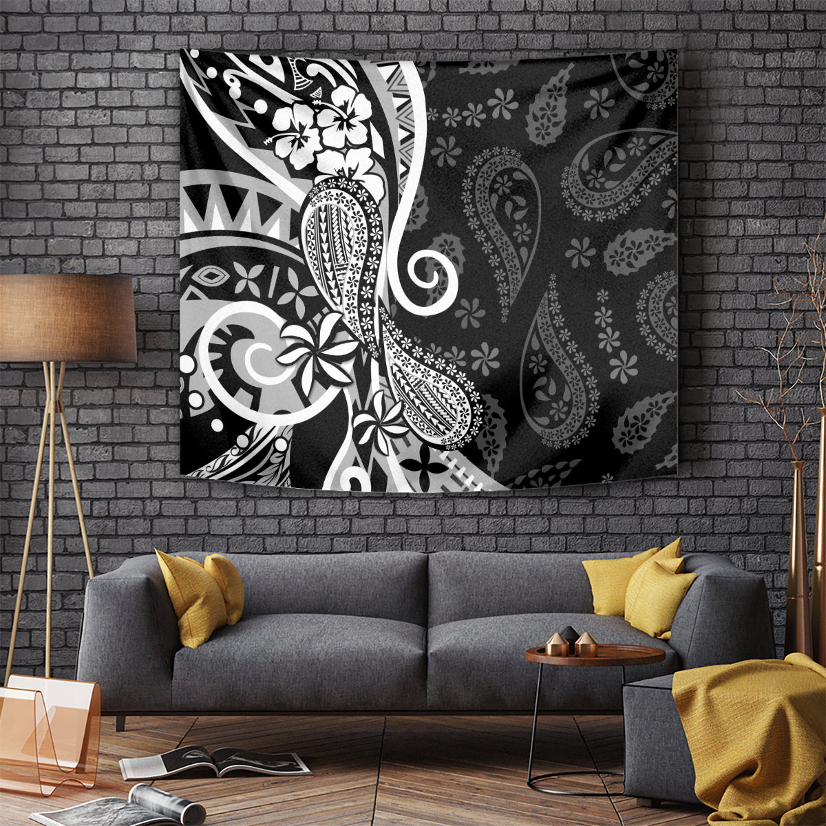 Black Polynesia Paisley Tapestry Polynesian With Tropical Flowers LT14 Black - Polynesian Pride