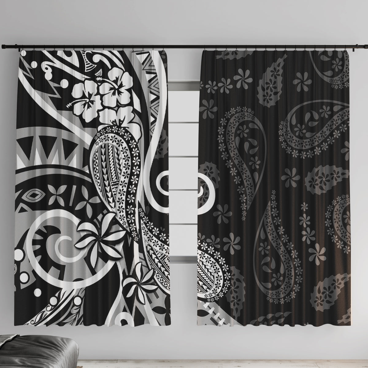 Black Polynesia Paisley Window Curtain Polynesian With Tropical Flowers LT14 With Hooks Black - Polynesian Pride