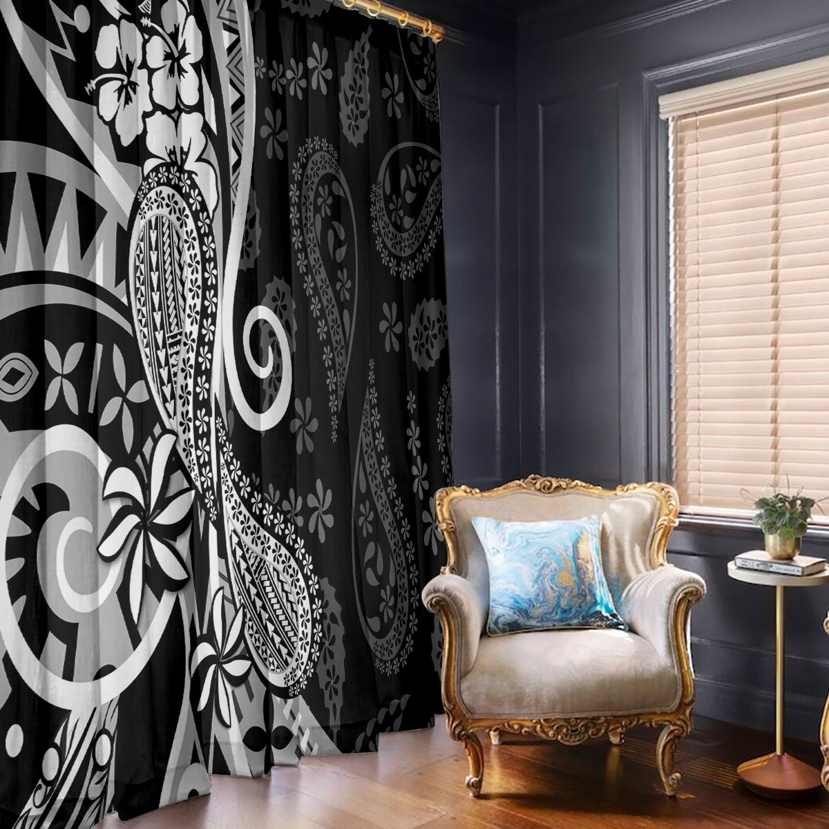 Black Polynesia Paisley Window Curtain Polynesian With Tropical Flowers LT14 - Polynesian Pride