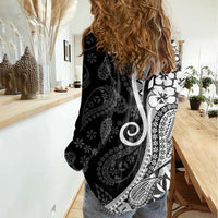 Black Polynesia Paisley Women Casual Shirt Polynesian With Tropical Flowers LT14 - Polynesian Pride